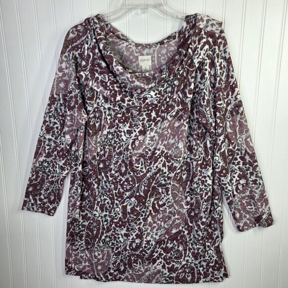 Chico's Tops - Chicos Zenergy Tunic Top Womens Large 2 Red Paisley Cowl Neck Stretch Boho Artsy